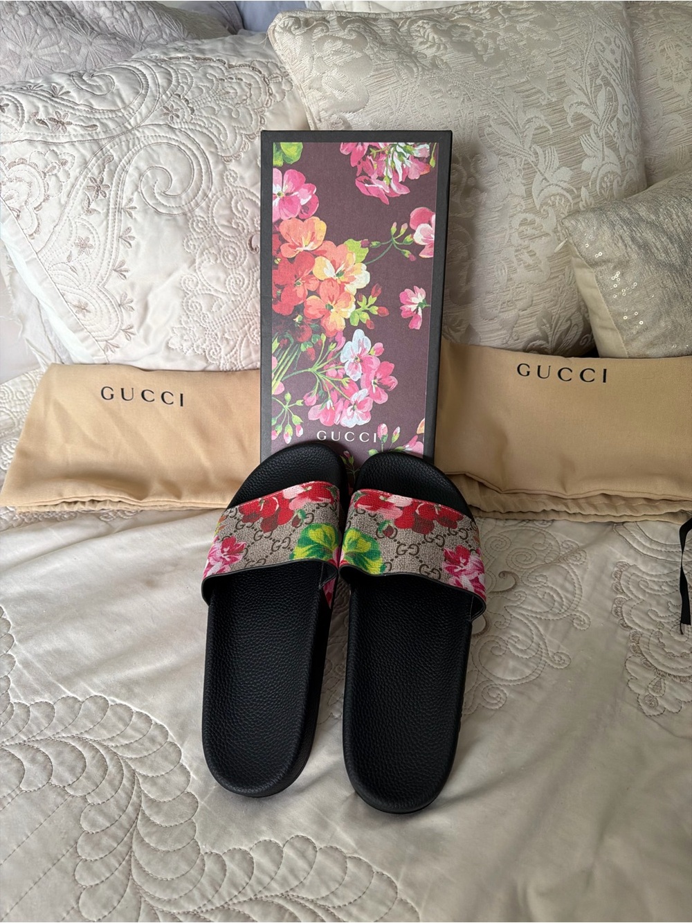 (NWOT) - Authentic Gucci - Black Slides with Pink & Green Floral GG Strap - Picture 2 of 7